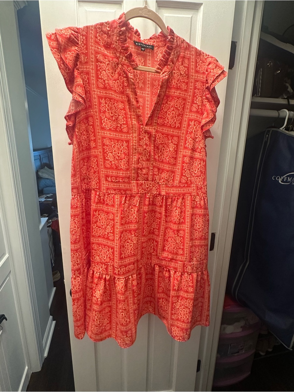 Women's Red Printed Ruffle Sleeve Mini Dress